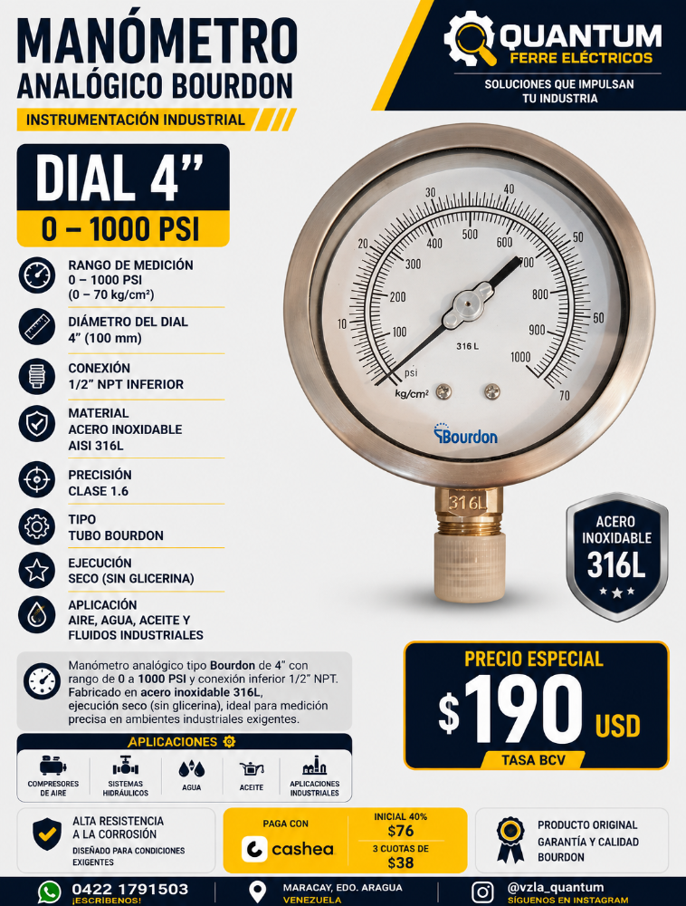 MANÓMETRO BOURDON 0–1000 PSI INOX 316L / 4" / 1/2 NPT / SECO (sin glicerina)