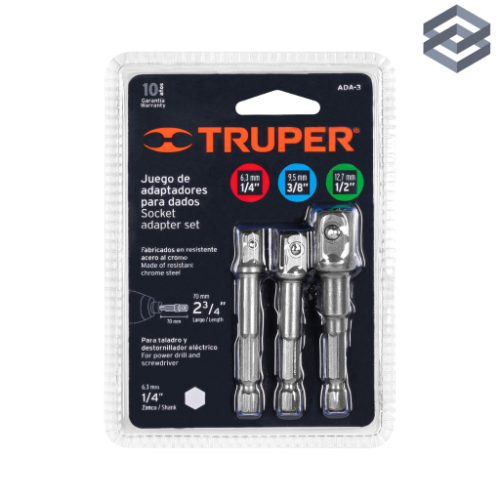 10752 JUEGO ADAPTADORES TALADRO X3 DADO 1/4' 3/8' 1/2 TRUPER