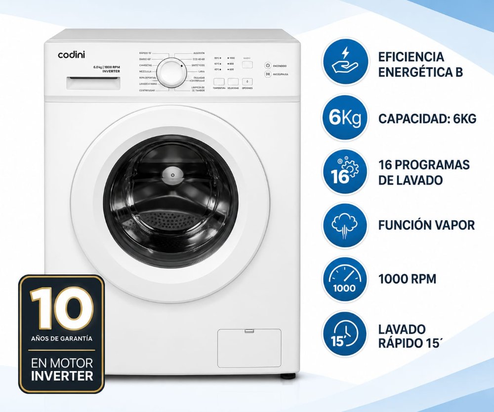 Lavarropas Automático Carga frontal Codini 6kg