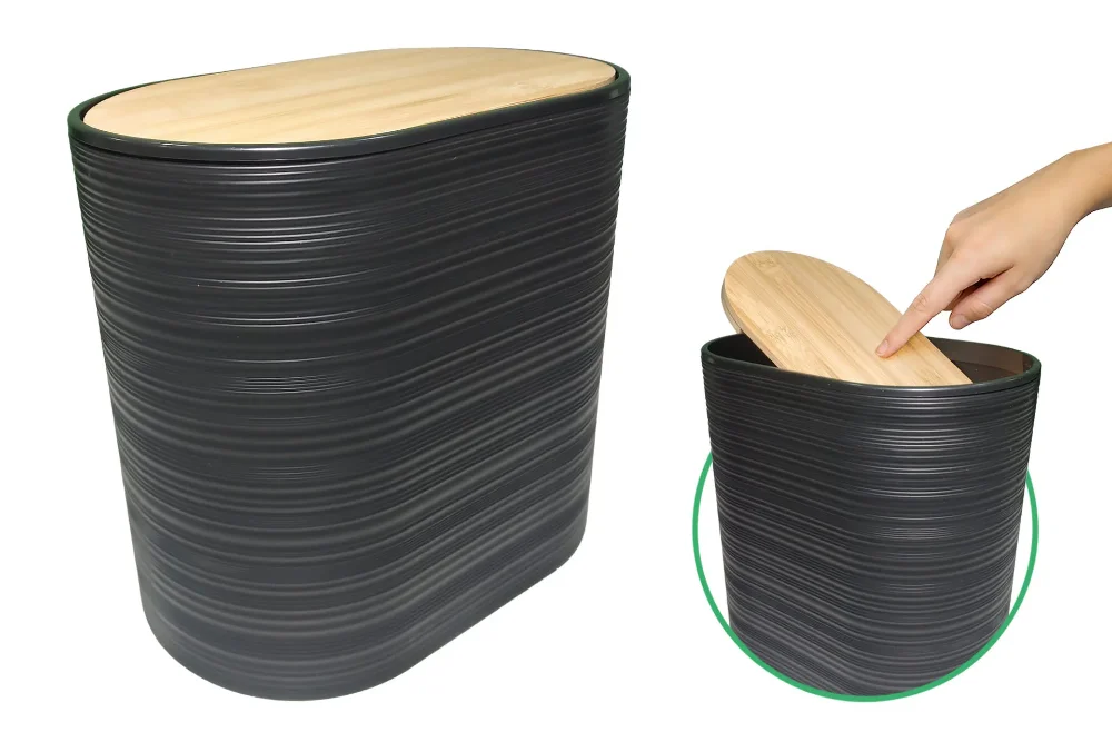 Cesto oval tapa vaiven negro rayado tapa de bambu - Plastico