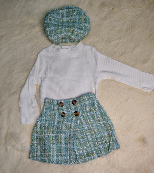Conjunto manga larga + falda + boina