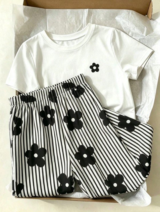 Conjunto largo blanco con negro flores