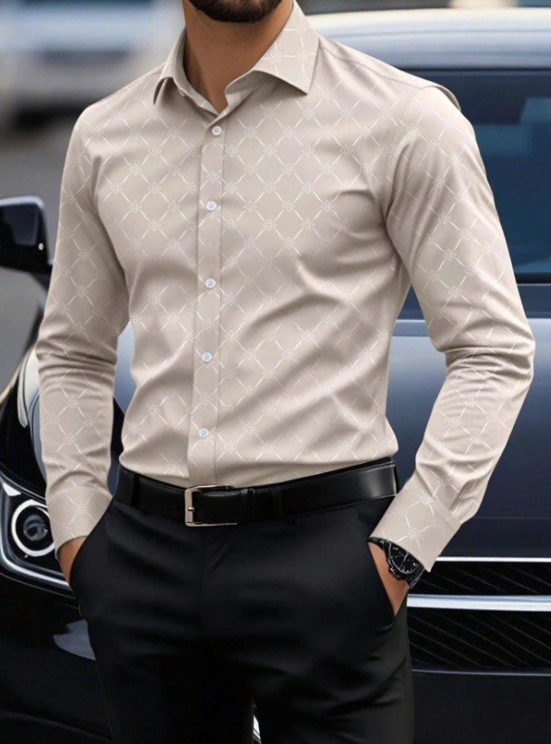 Camisa de Vestir Beige con Estampado