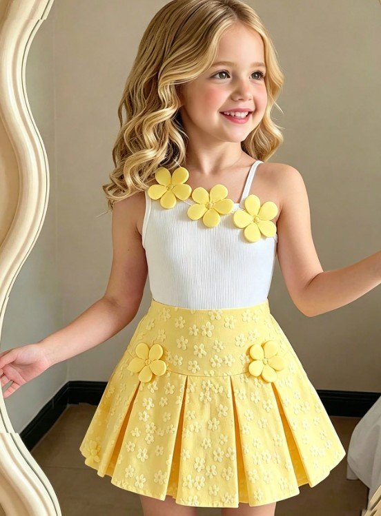 Vestido Blanco amarillo adornos amarillo