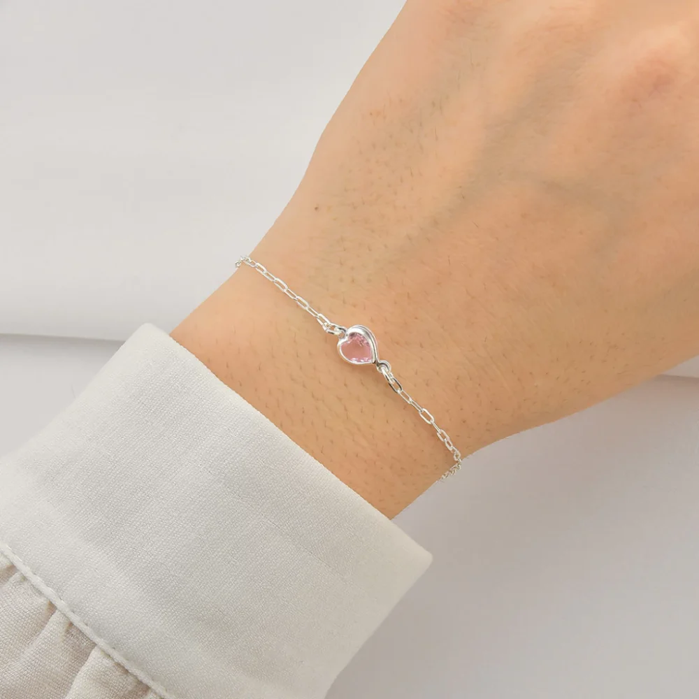 Pulseira de Prata Ponto de Luz Coração Rosa