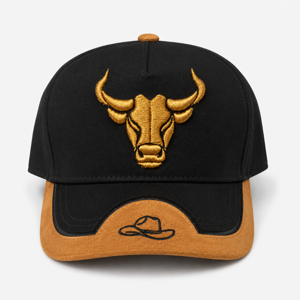Gorra negra toro dorado visera camel