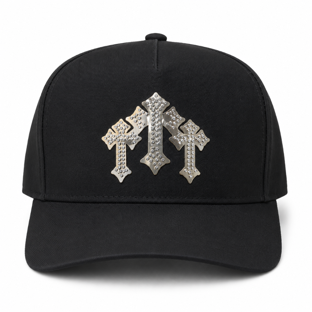 Gorra negra cruces plateadas con pedrería