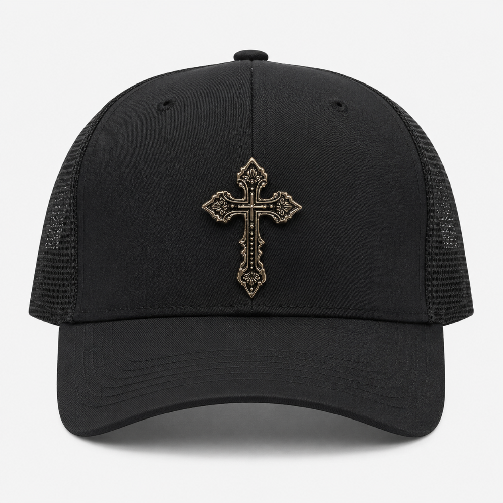 Gorra negra malla cruz metálica dorada