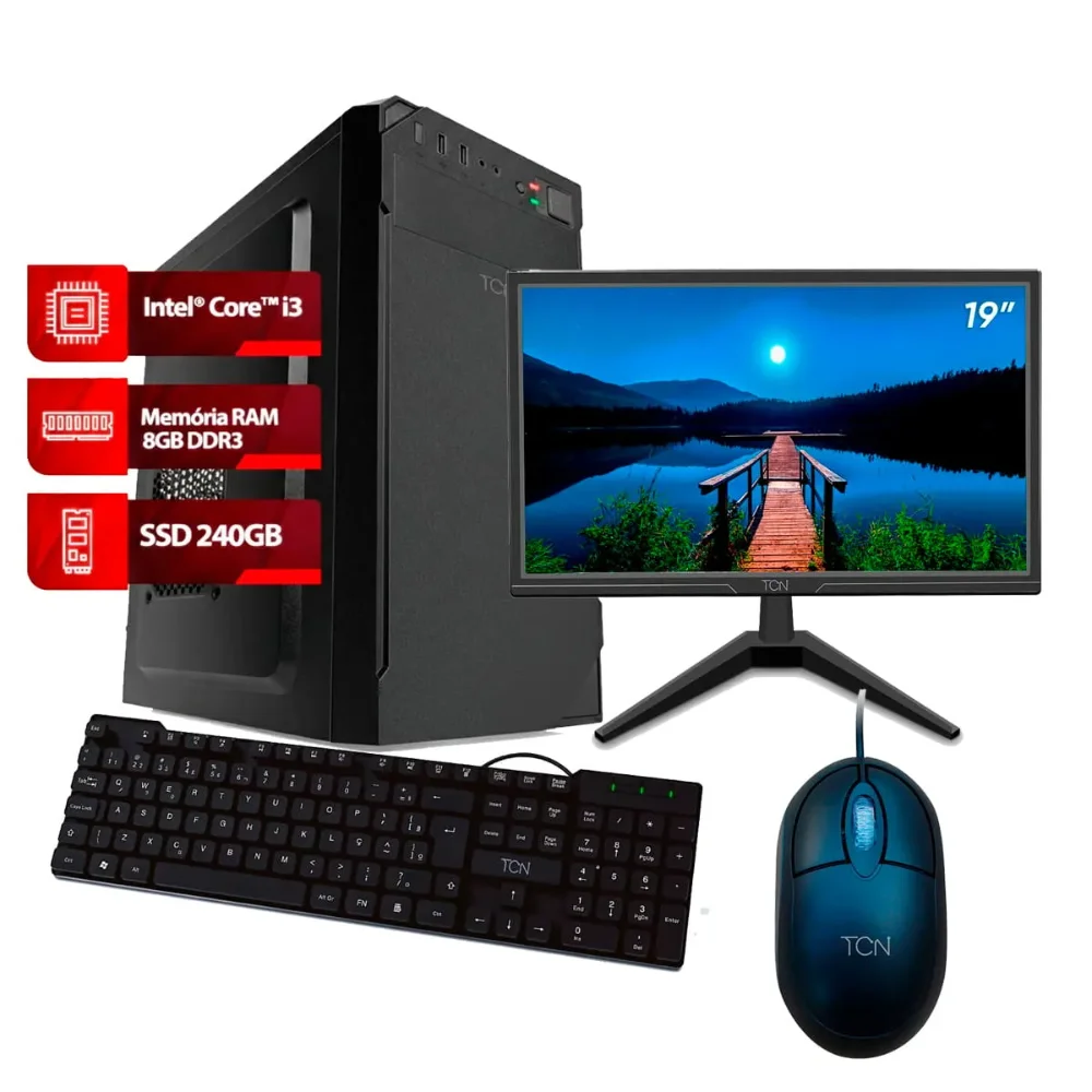 PC Completo Intel Core i3 8G RAM SSD 240GB + Monitor Office 19" LED HD TCN 75Hz 5ms + Teclado Slim USB TCN 950 ABNT2 + Mouse TCN USB 1200DPI