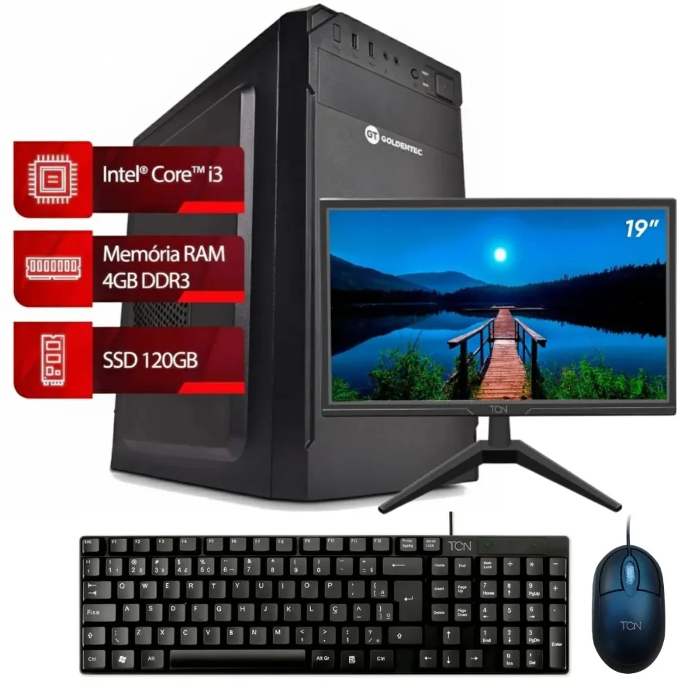 PC Completo Intel Core i3, 4GB, SSD 120GB, Win11 + Monitor Office 19" LED HD Flat TCN, 75Hz, 5ms + Teclado Slim com Fio TCN + Mouse TCN com Fio