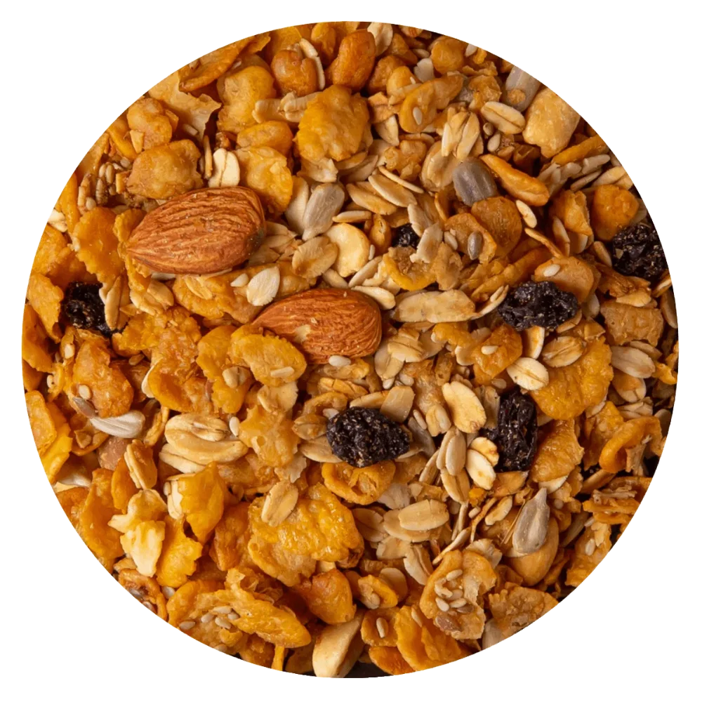 GRANOLA PREMIUM (AVENA - MANI - COPO MAIZ - SEMILLA GIRASOL - LINO - SESAMO INTEGRAL - PASA UVA  - FRUTA DESHIDRATADA - ALMENDRA - MIEL)