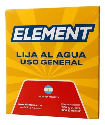 Hojas de lijas al agua de uso general marca Element Doble A. Grano 120.Diseñado para trabajar sobre superficies como chapa, madera, metal, barnices, lacas y masillas.