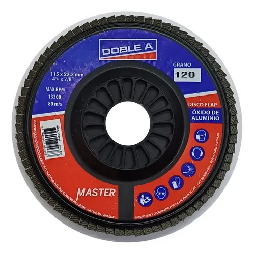Disco flap de óxido de aluminio marca Doble A, modelo Master, de 115 mm de diámetro y grano 120