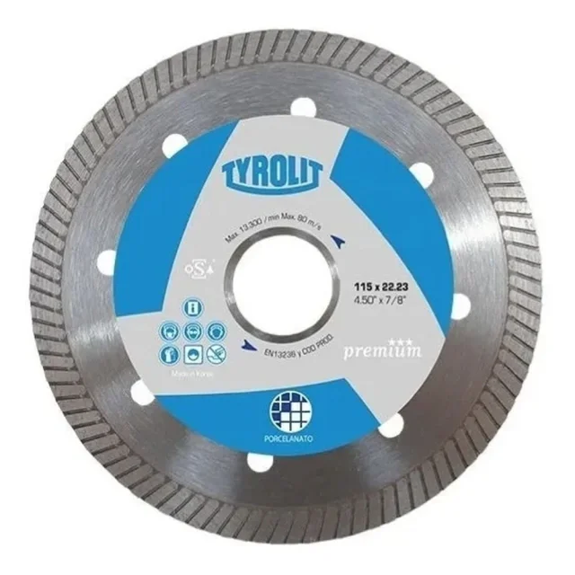 Disco diamantado Tyrolit Turbo Fino de 115mm para corte de porcelanato y cerámica.