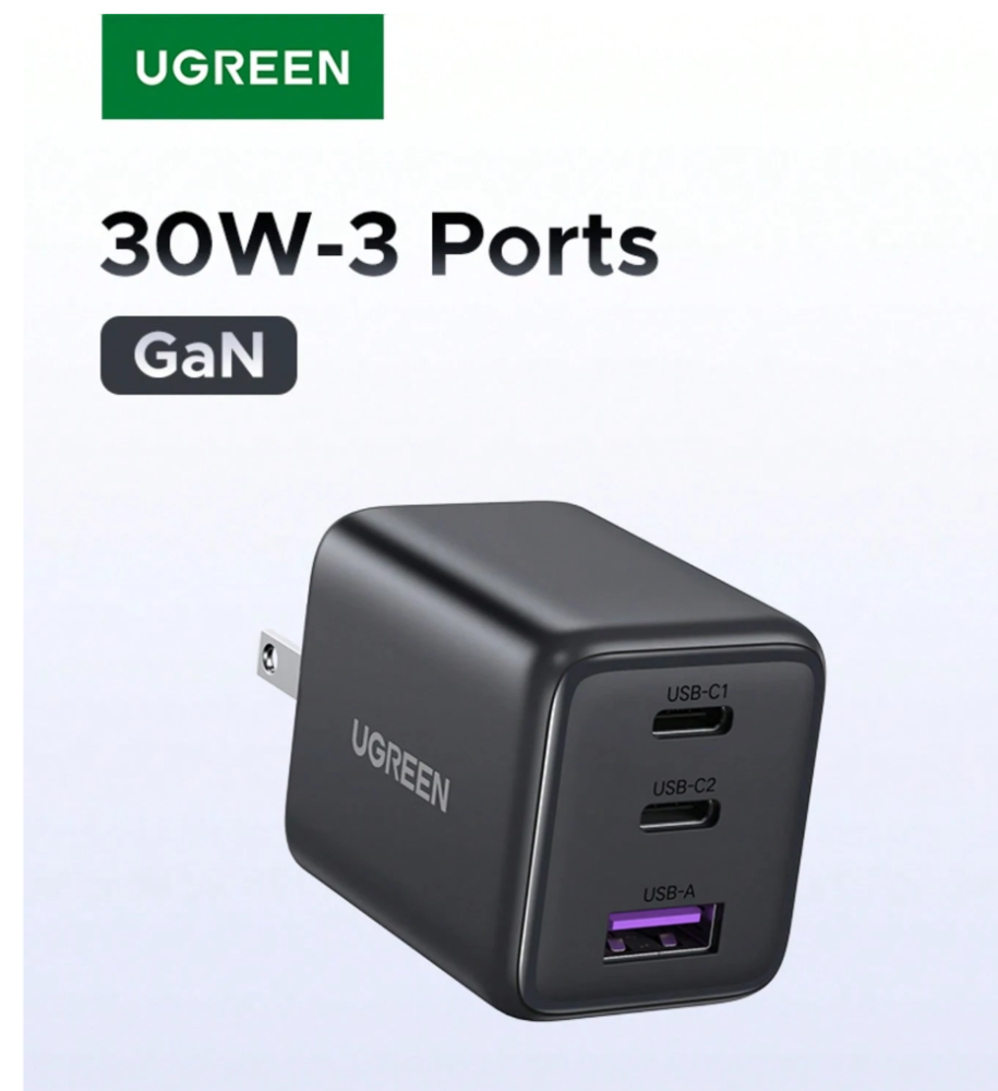 Cargador rápido UGREEN 30W GAN PD multiport USB-C y USB-A compatible con iPhone 16, 15, 14 Pro Max,