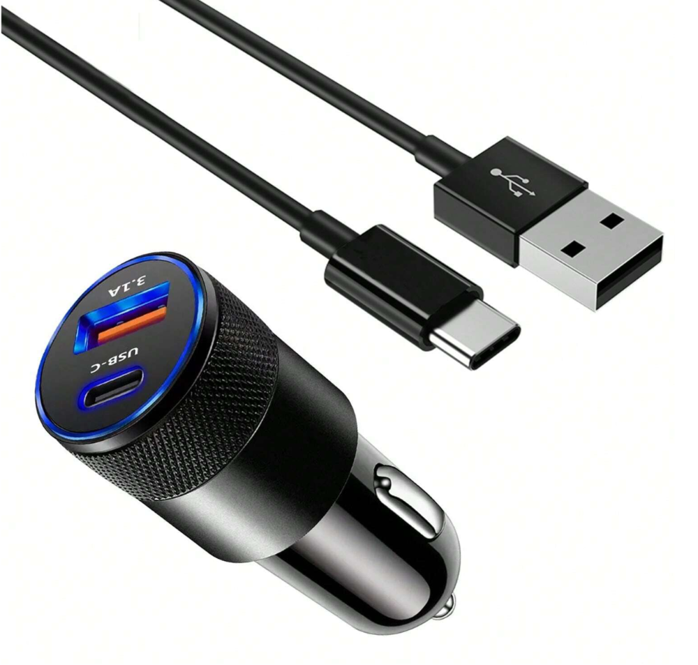 Cargador rápido de coche USB C, adaptador de coche USB C PD 3.0, enchufe de coche con 2 puertos 3.1A USB+Type C, con 1 cable de conexión de carga rápida USB A a Type C,