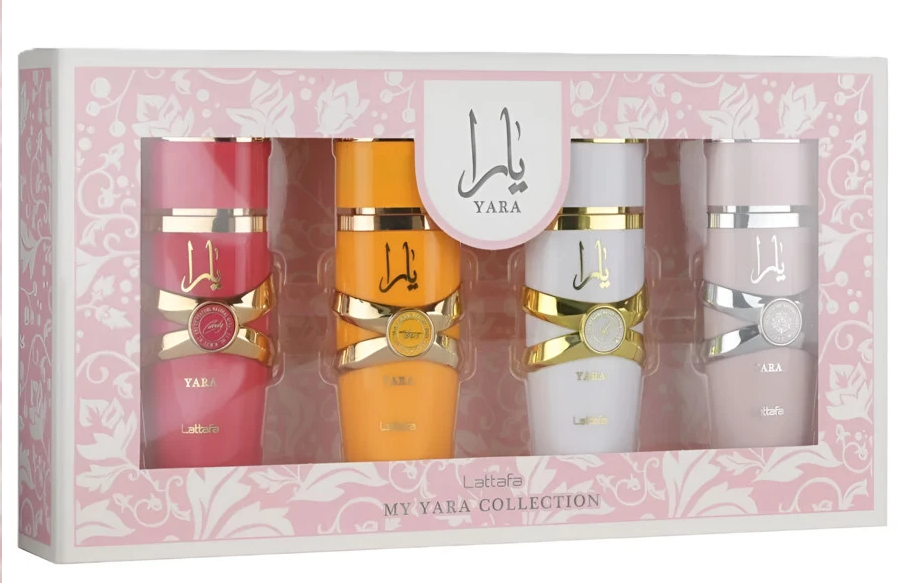 Lattafa Colección Yara Juego de 4 piezas para mujeres (EDP 25ml*4 Yara+Yara Moi+Yara Tous+Yara Candy) 0.85oz/25ml*4