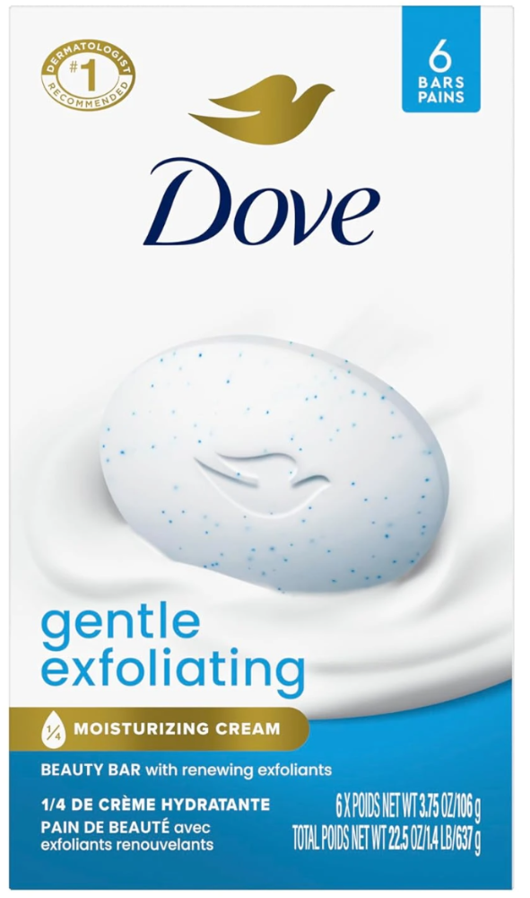Dove Barra de limpieza exfoliante suave, set de 6 barras de 3.75oz/106g c/u. Fórmula hidratante con efecto de exfoliación suave
