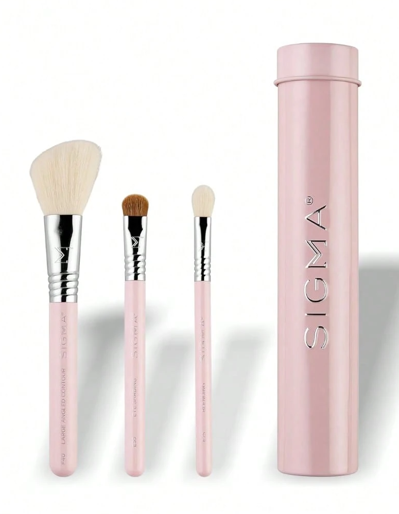 SIGMA Juego Esencial de 3 Brochas - Rosa, Brochas de Maquillaje Facial y de Ojos Aptas para Viaje con Lata de Almacenamiento