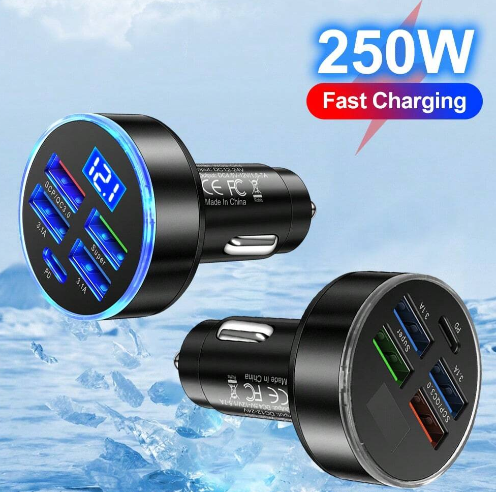 Cargador de coche de 250 W con 5 puertos, carga rápida PD + QC 3.0,