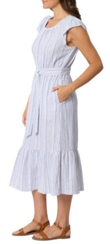 BRIGGS VESTIDO CASUAL T/L  PARA MUJER CON CINTA A LA CINTURA BLANCO C/RAYAS AZULES TALLA L