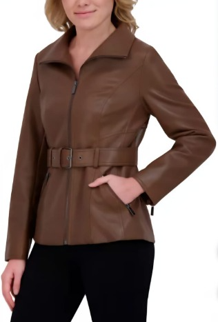 KENNETH COLE CHAQUETA T/M DE MUJER, FAUX LEATHER, CAFE, TALLA M