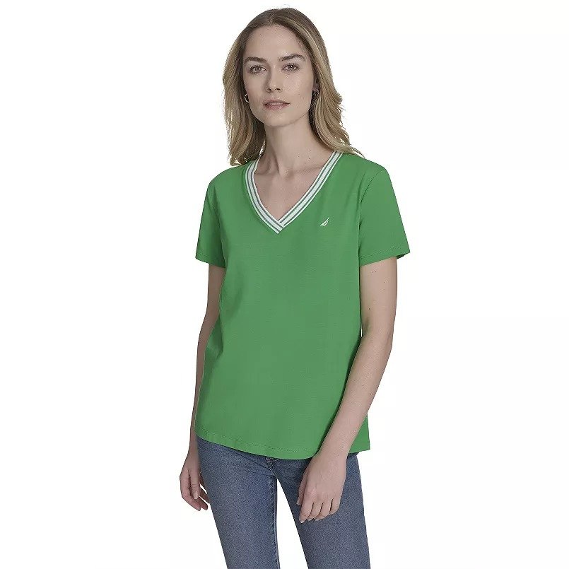 NAUTICA JEANS Playera T/M de manga corta y cuello V para mujer, verde