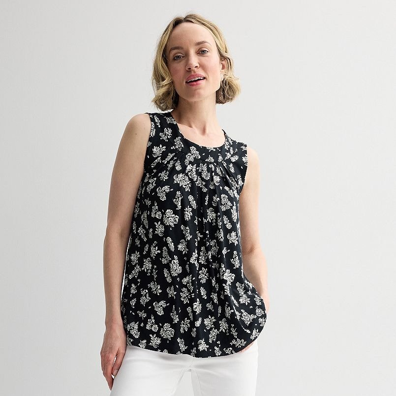 CROFT & BARROW blusa T/S sin mangas, cuello redondo, para mujer, negro con flores