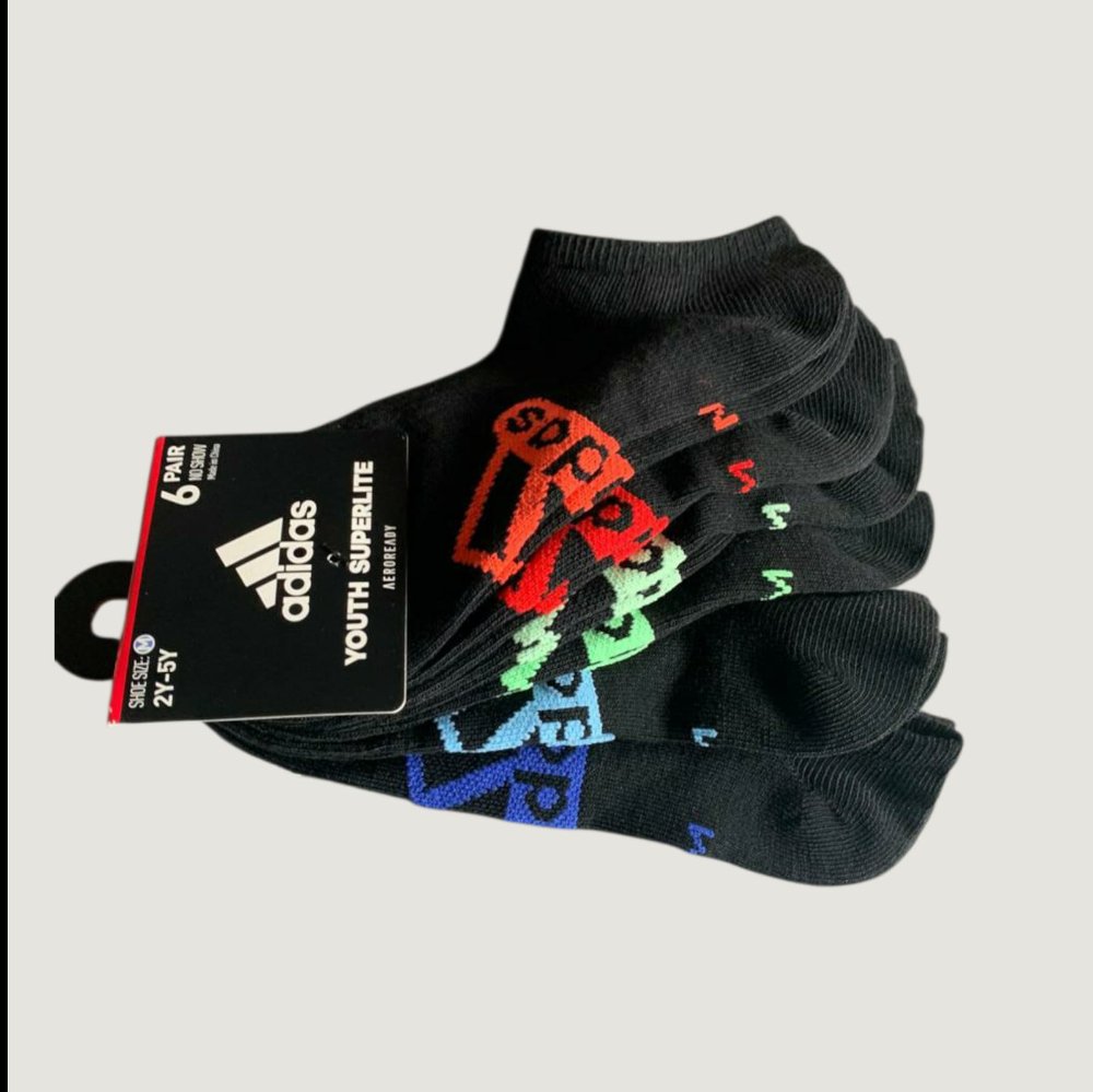 ADIDAS Calcetines deportivos T/M juveniles, 6 pares, negro con letras ADIDAS