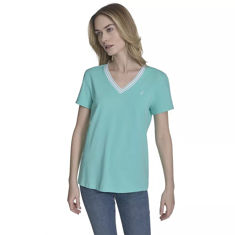 NAUTICA JEANS Playera T/L de manga corta y cuello V para mujer, aqua