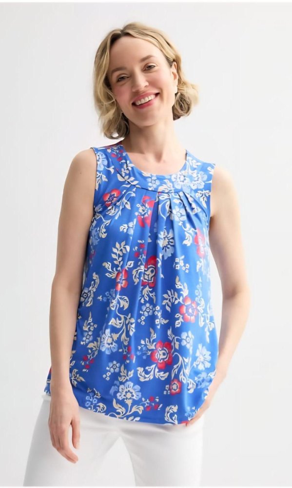CROFT & BARROW blusa T/S sin mangas, cuello redondo, para mujer, azul con flores