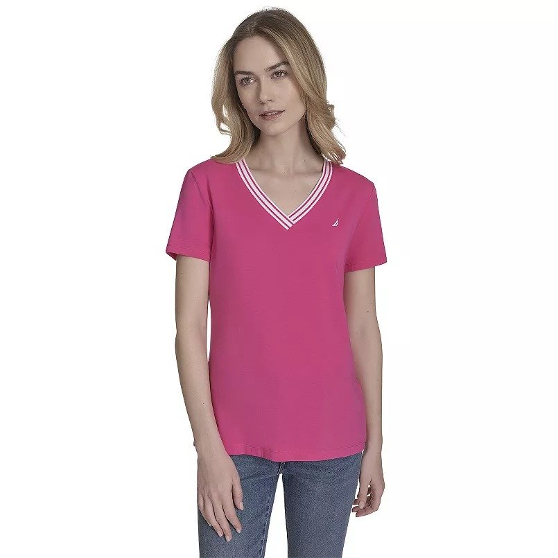 NAUTICA JEANS Playera T/XL de manga corta y cuello V para mujer, fuscia