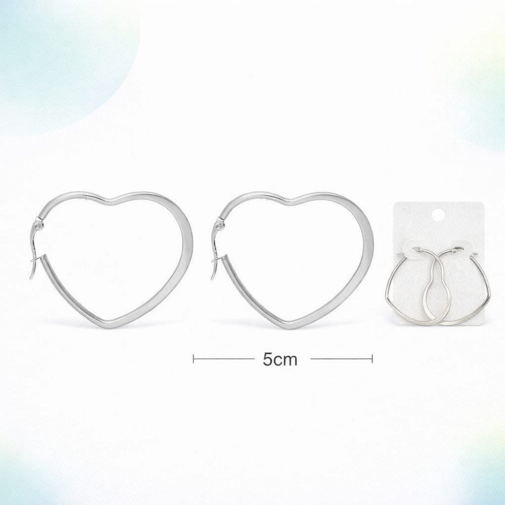 ARETES DE ARO CORAZÓN ACERO PLATEADO 5 CM