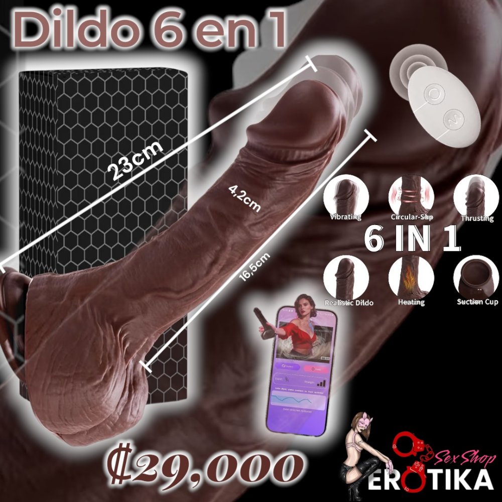 Consolador Negro realista 6 en 1 (Bluetooth y control)