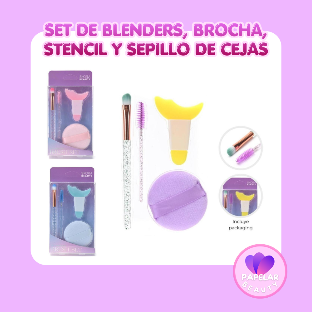 SET DE BLENDERS, BROCHA, STENCIL Y SEPILLO DE CEJAS
