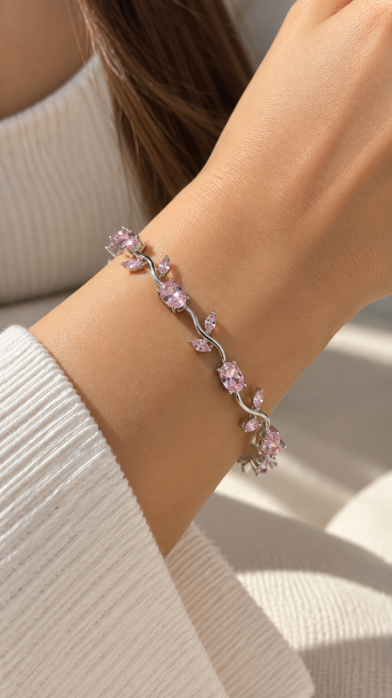 Pulsera tulipán plateada con rosa