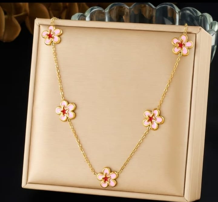 COLLAR FLORES ROSA ACERO INOX. GOLD