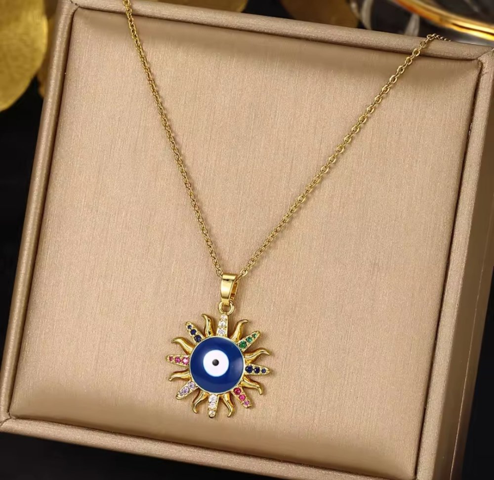 COLLAR OJO TURCO AZUL CON CIRCONES ACERO INOX. GOLD