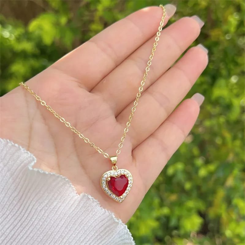 COLLAR CORAZON PANDORA ROJO ACERO INOX. GOLD