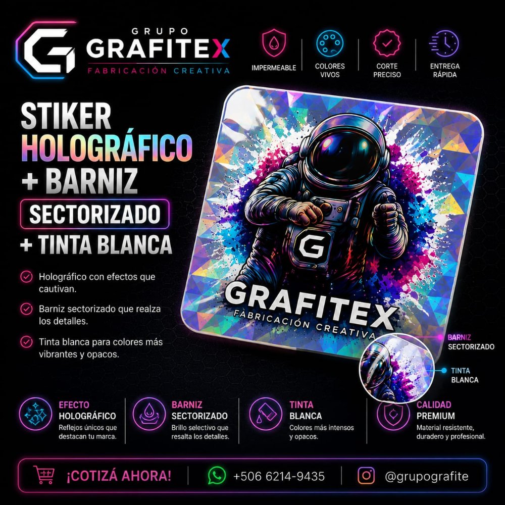 STIKER HOLOGRAFICO+BARNIZ+BLANCO 6X6CM 100UND