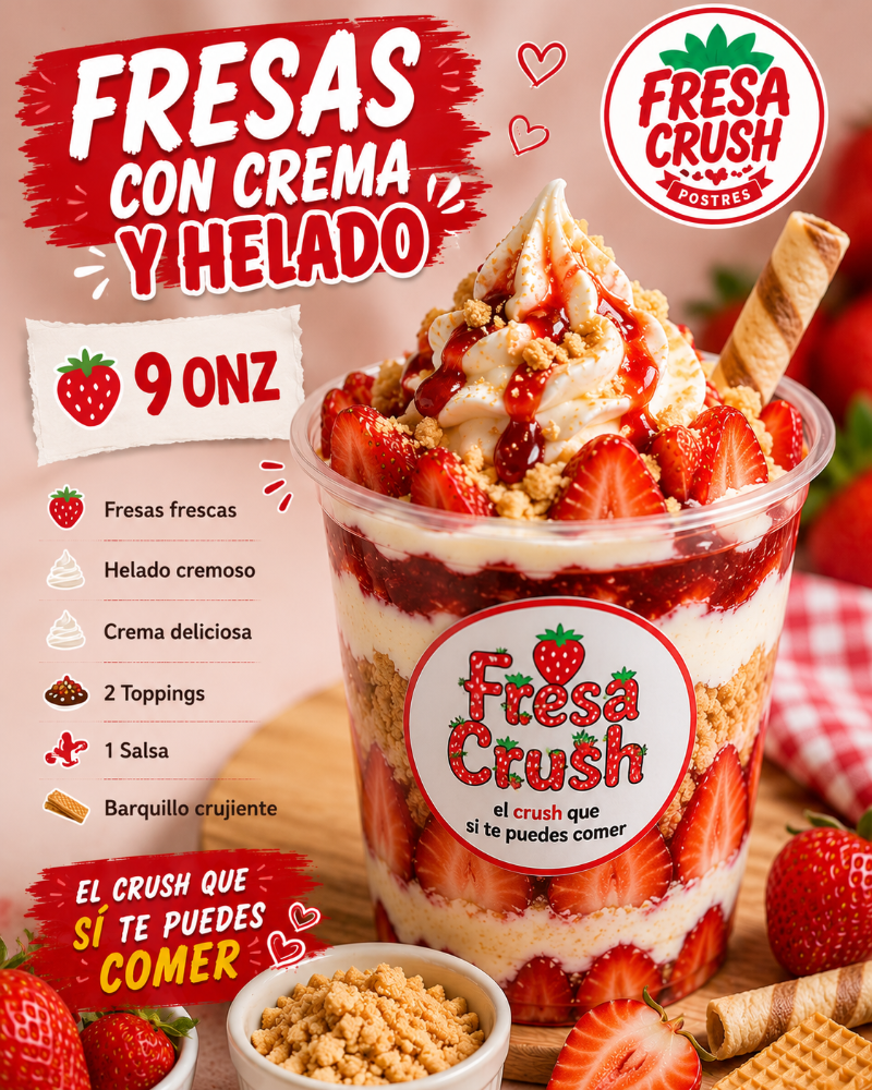 fresas con crema y helado 9onz