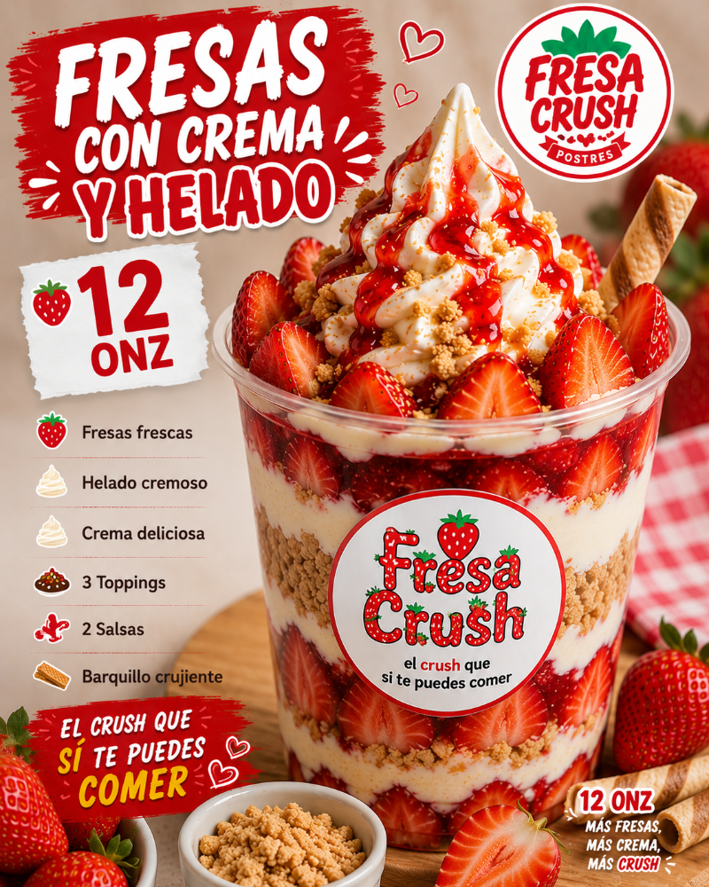 fresas con crema y helado 12onz