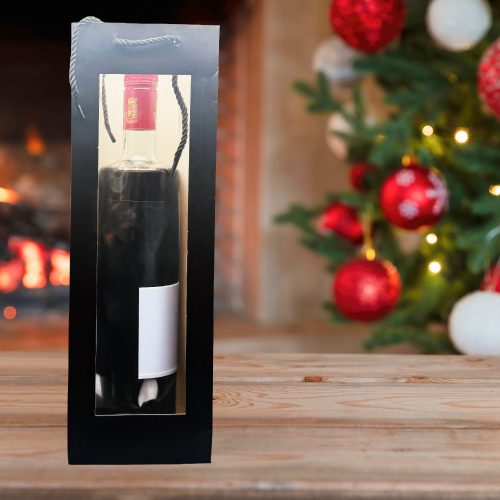 Black Windowed Paper Wine Bottle Bag (Black Color)