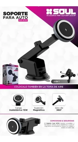Soporte Auto Cargador Inalambrico Rapido 15w Magnetico Iman Color Negro