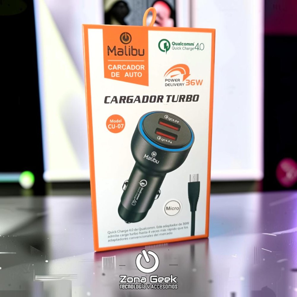 CARGADOR TURBO PARA AUTO 36W MALIBÚ MICRO USB
