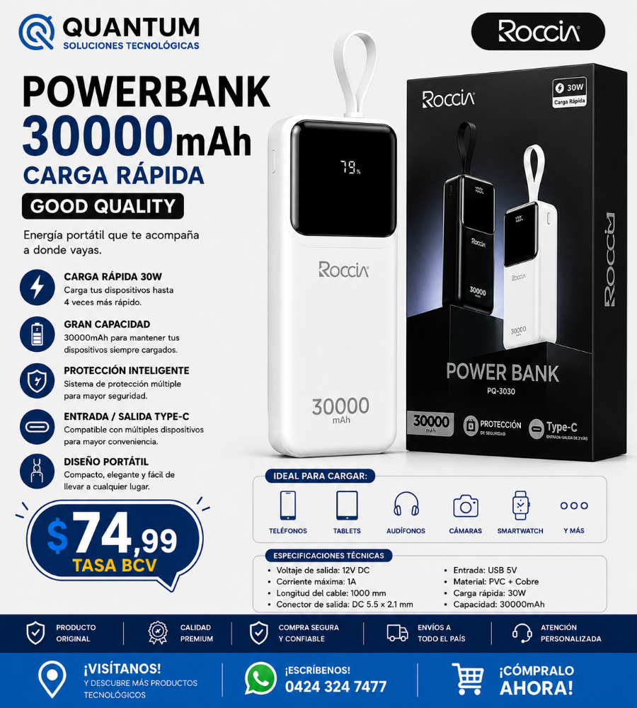 POWERBANK GOOD QUALITY CARGA RAPIDA 30000MAH MARCA ROCCIA