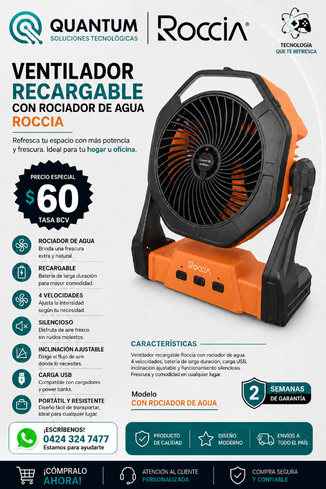 VENTILADOR RECARGABLE CON ROCIADOR DE AGUA NARANJA MARCA ROCCIA