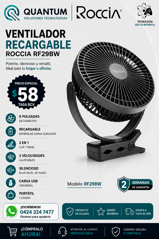 VENTILADOR RECARGABLE 8 PULG. DE LUJO 2 EN 1 RF29BW MARCA ROCCIA