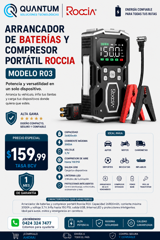 ARRANCADOR DE BATERIAS Y COMPRESOR PORTATIL R03 26800MAH 3000A 3,7V ALTA GAMA