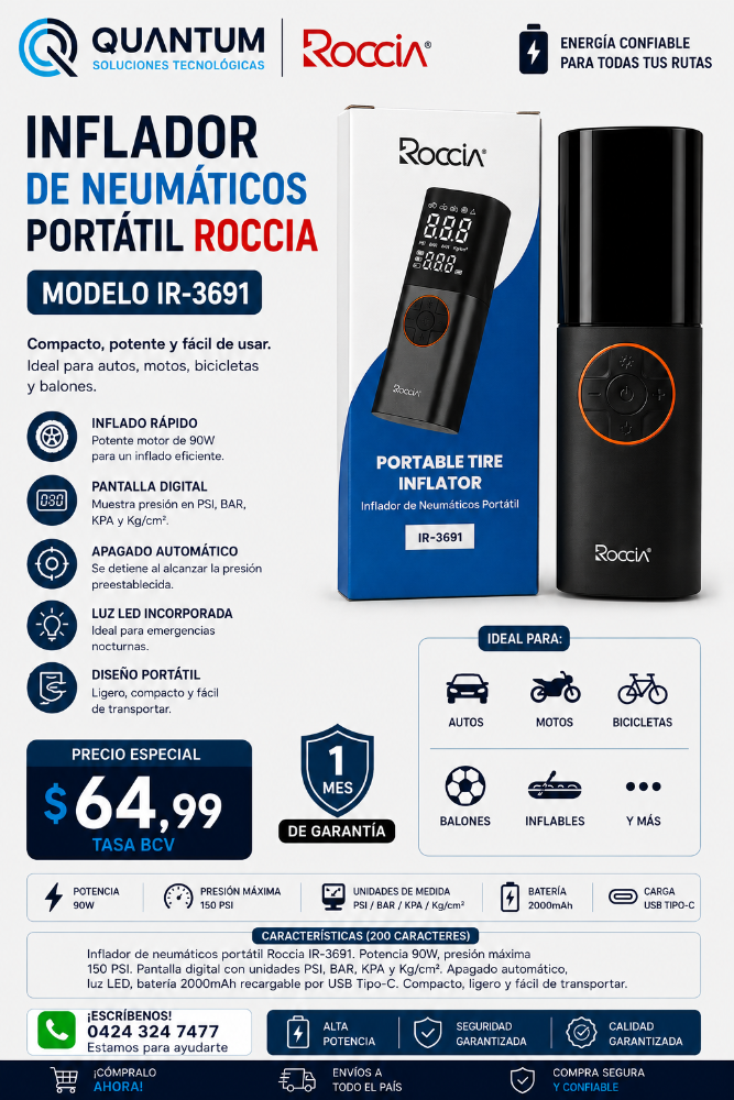 INFLADOR DE NEUMATICOS 90W PORTATIL IR-3691 MARCA ROCCIA